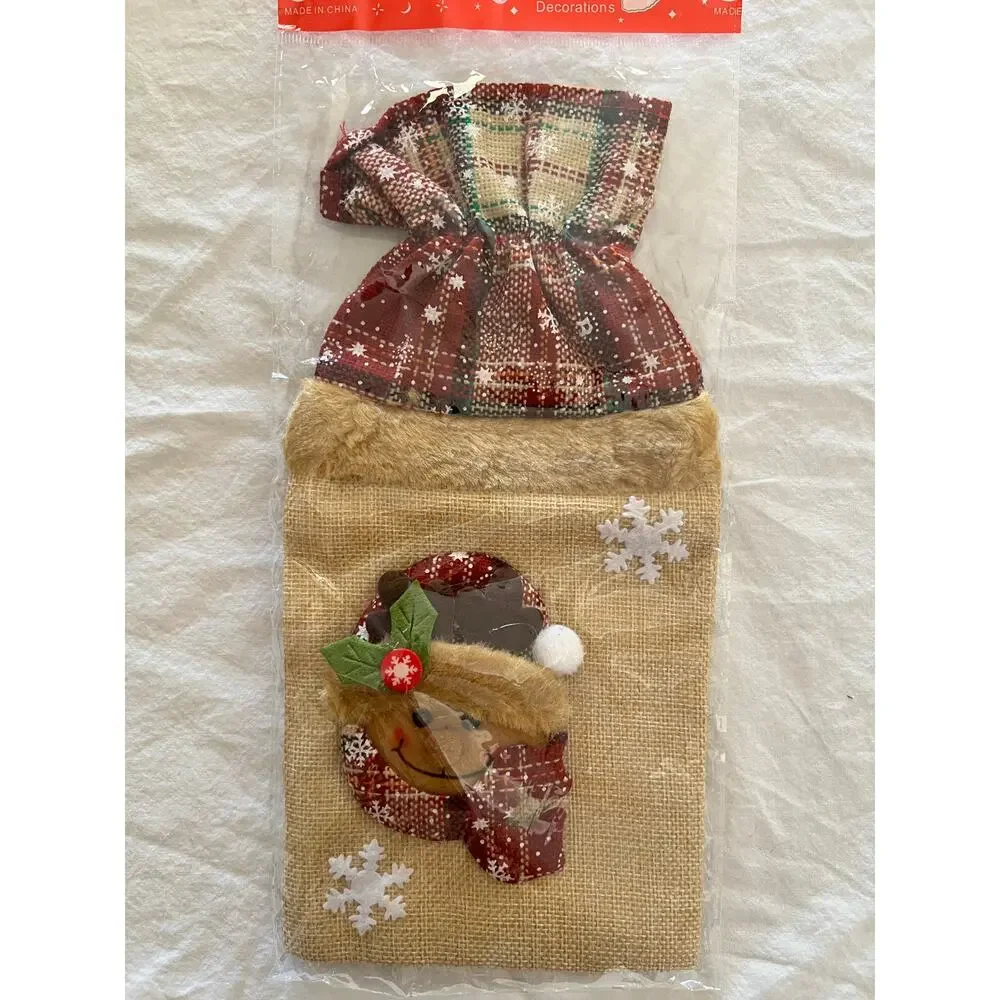 Set of 3 Christmas Bottle Gift Bags Santa Snowman Reindeer Rustic Holiday